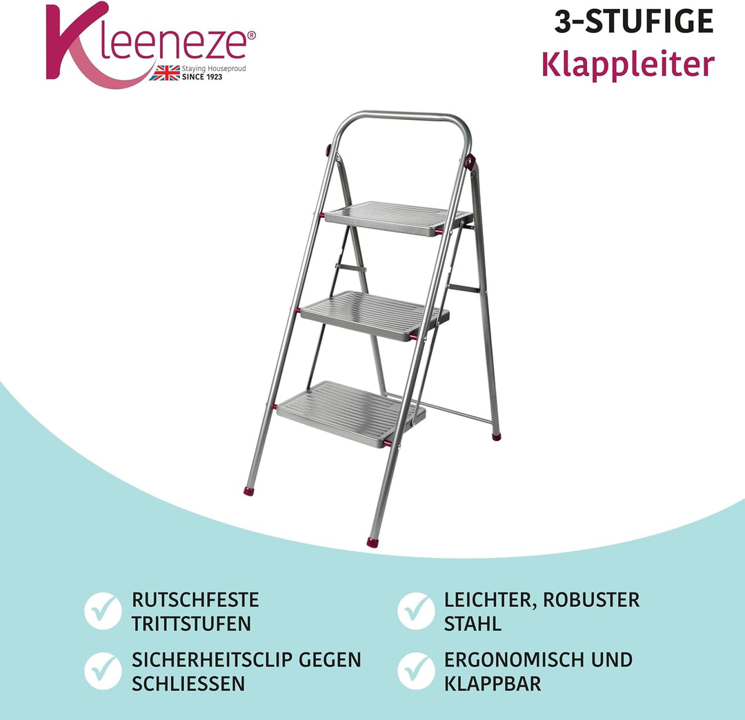 Kleeneze® KL068514EU zusammenklappbare 3-stufige Trittleiter für Heimwerker, 105 cm, rosa/grau, Trag