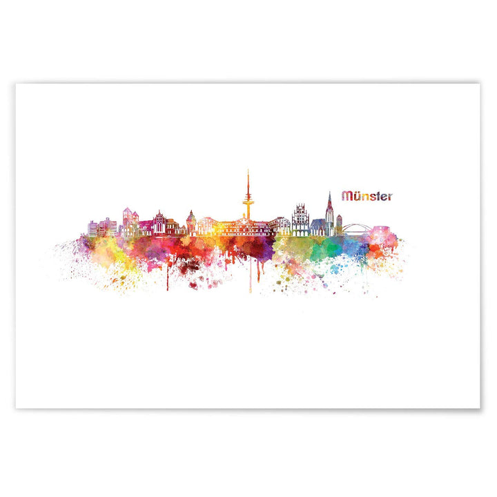 JUNIWORDS Poster mit/ohne Holzrahmen, Wähle ein Motiv, Aquarell Skyline Münster, Wähle eine Grösse,