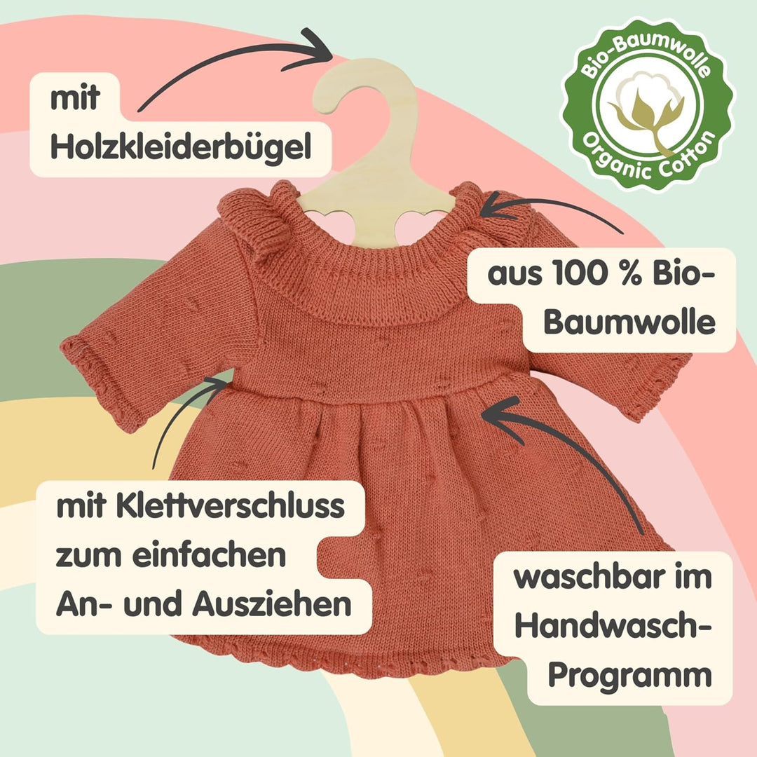 Heless 2490 - Puppenkleidung aus 100 % Bio-Baumwolle, Strickkleid in Pfirsich für Puppen und Kuschel