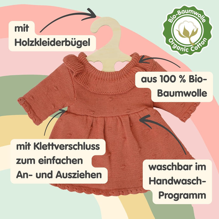 Heless 2490 - Puppenkleidung aus 100 % Bio-Baumwolle, Strickkleid in Pfirsich für Puppen und Kuschel