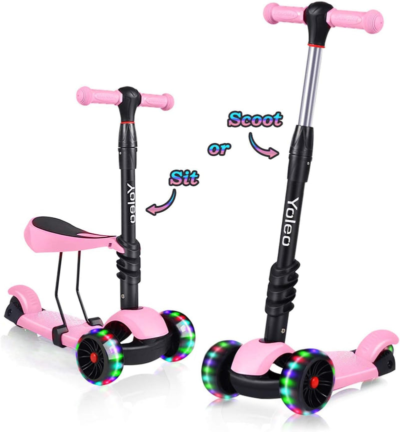YOLEO 3-in-1 Kinder Roller Scooter mit Abnehmbarem Sitz, LED grosse Räder, Höheverstellbare Lenker f