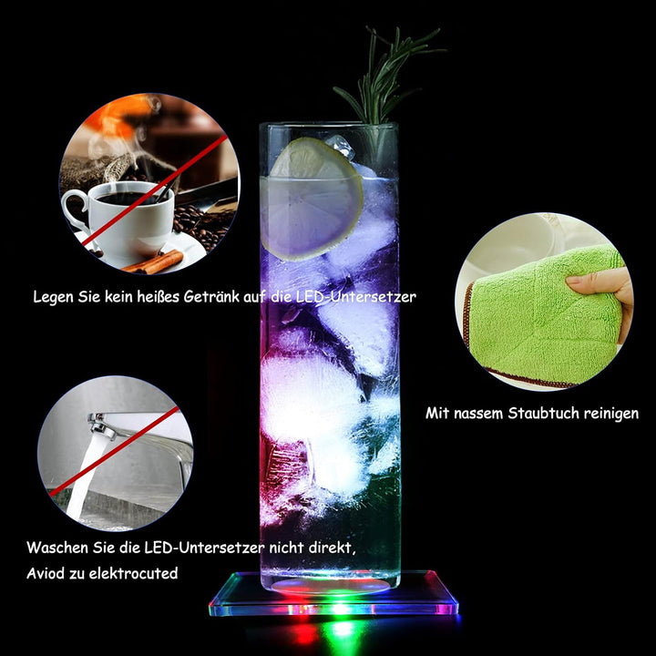 MEDOYOH 8er-Set Quadratisch Bunt LED Untersetzer für Getränke, ON/Off Taste Getränke Untersetzer Set