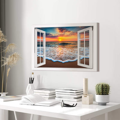 PICANOVA – Bild auf Leinwand Sonnenuntergang am Meer Fenster 60x40cm – Leinwandbild – Premium Leinwa