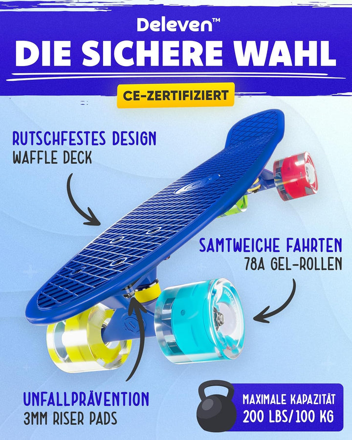 Deleven Skateboard mit LED Rollen, Skate Tool und ABEC 7 Lager - Kinder Erwachsene Anfänger - 56 cm