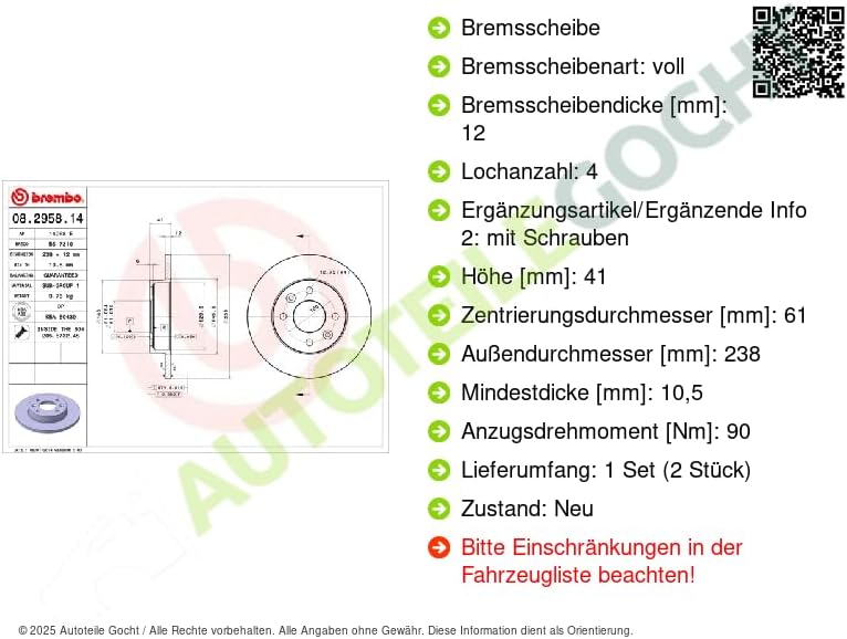 Brembo 08.2958.14 Bremsscheibe - Paar