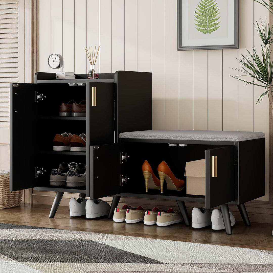Merax Schuhschrank mit Sitzbank, Schuhbank mit Sitzfläche, 4 Stauraumtüren, asymmetrische Metallgrif