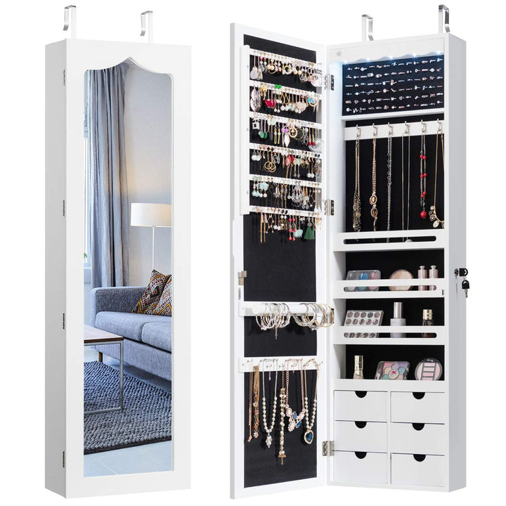 GOPLUS Schmuckschrank mit Schloss & 2 Schlüsseln, Schmuckregal mit LED-Beleuchtung, Spiegelschrank m