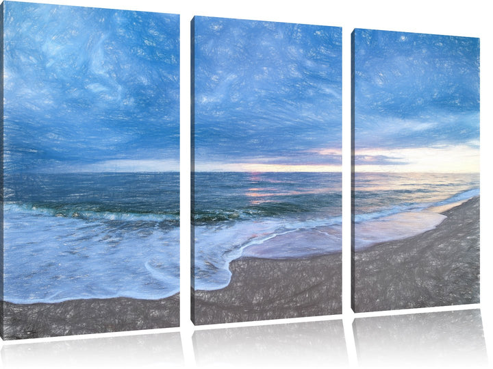 Pixxprint Strandufer Kunst Buntstift Effekt 3-Teiler Leinwandbild 120x80 Bild auf Leinwand