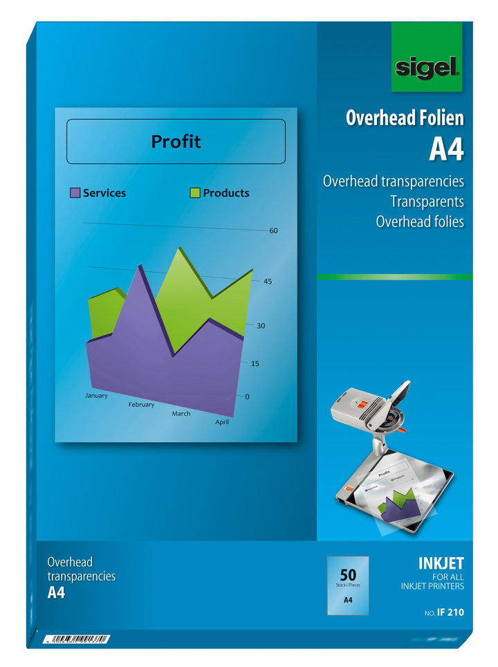 SIGEL IF210 OHP-Folien / Overhead-Folien für InkJet / Tintenstrahldrucker A4, 50 Blatt 80 x 50 mm, 8