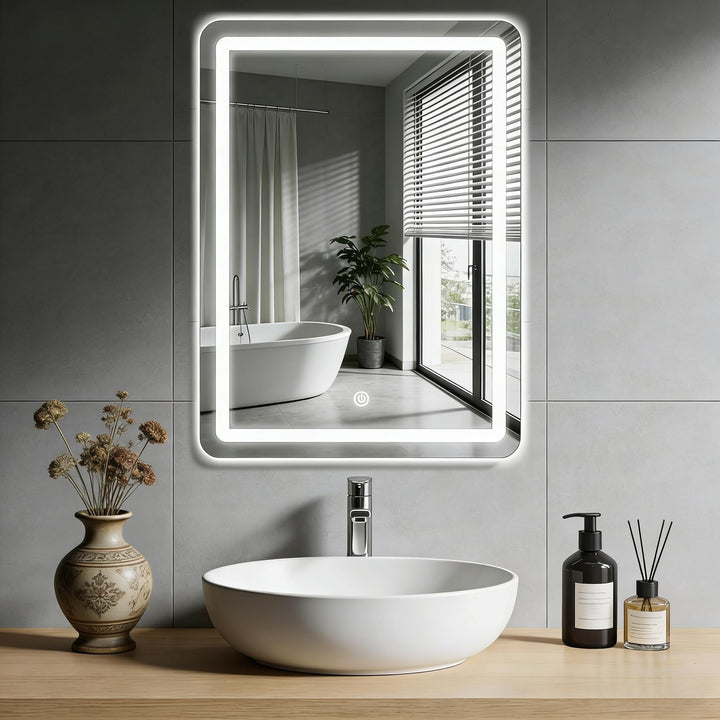 Badezimmer Wandspiegel, Badspiegel Mit Beleuchtung, Spiegel mit LED Licht, Touch Schalter und 3 Farb