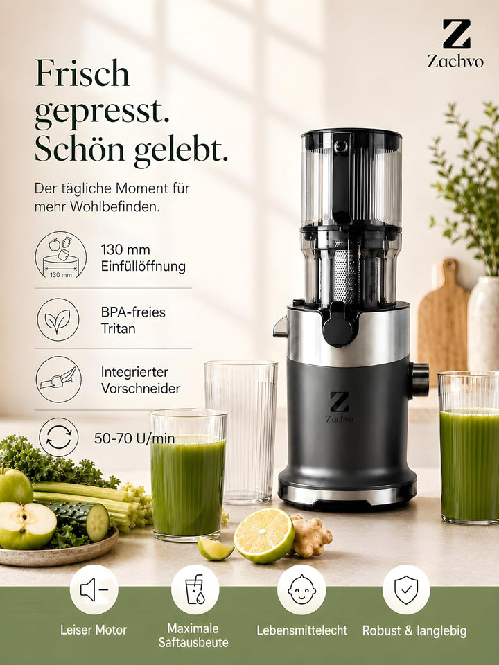 Entsafter BPA-frei Tritan, Slow Juicer für Gemüse und Obst Testsieger, 130 mm Einfüllöffnung, 1,5 L
