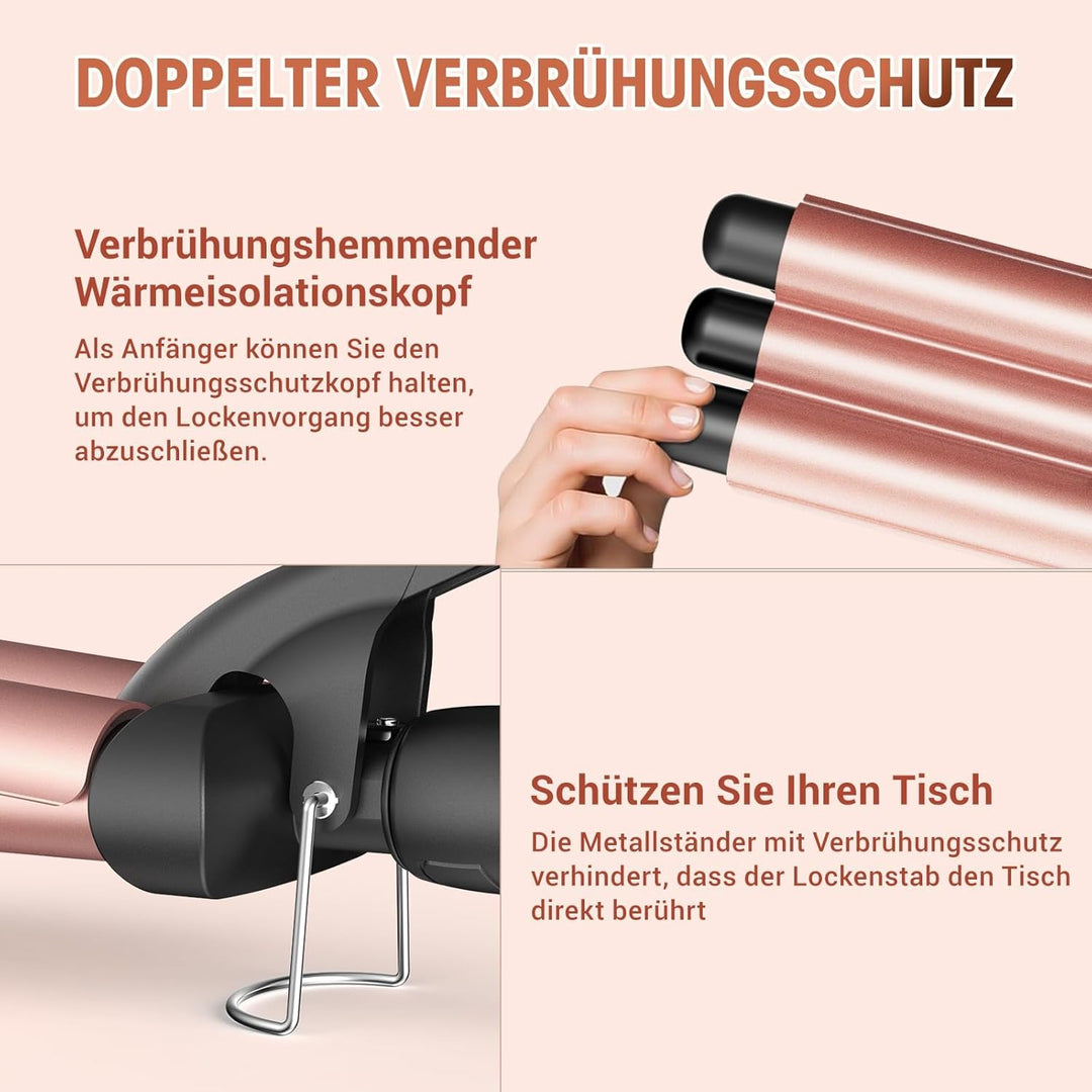 Lockenstab 3 Fässer, Beach Waves Welleneisen mit einstellbarer Temperatur, PTC Schnellheizung Schnel