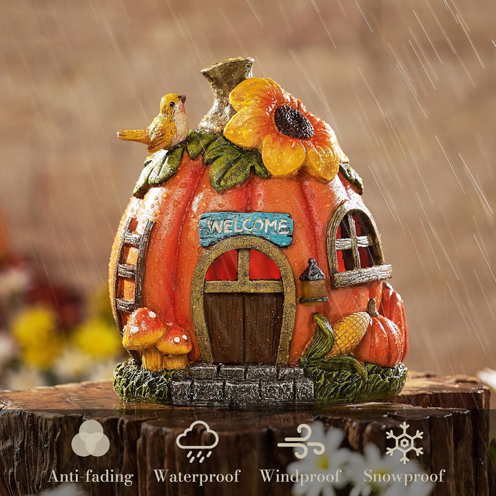 TERESA'S COLLECTIONS Herbstdeko Outdoor,Gartendeko für Draussen, Wetterfeste Kürbishaus mit Solarleu