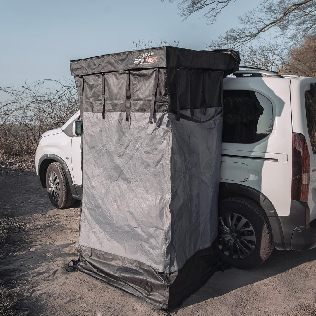 CAMPWERK Duschzelt – Höhenverstellbar (175-215 cm) mit Regenhaube, LED-Beleuchtung – Perfekt für Cam