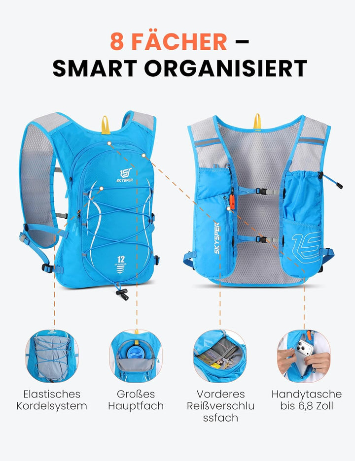 SKYSPER Laufweste für Damen Herren 12L Laufrucksack mit 500ml Trinkflasche Reflektierende Trinkweste