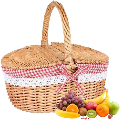 Picknickkorb aus Weidengeflecht Im Landhausstil,Roter Kariert Weidenkorb,26X18X15 cm,Ovaler Picknick
