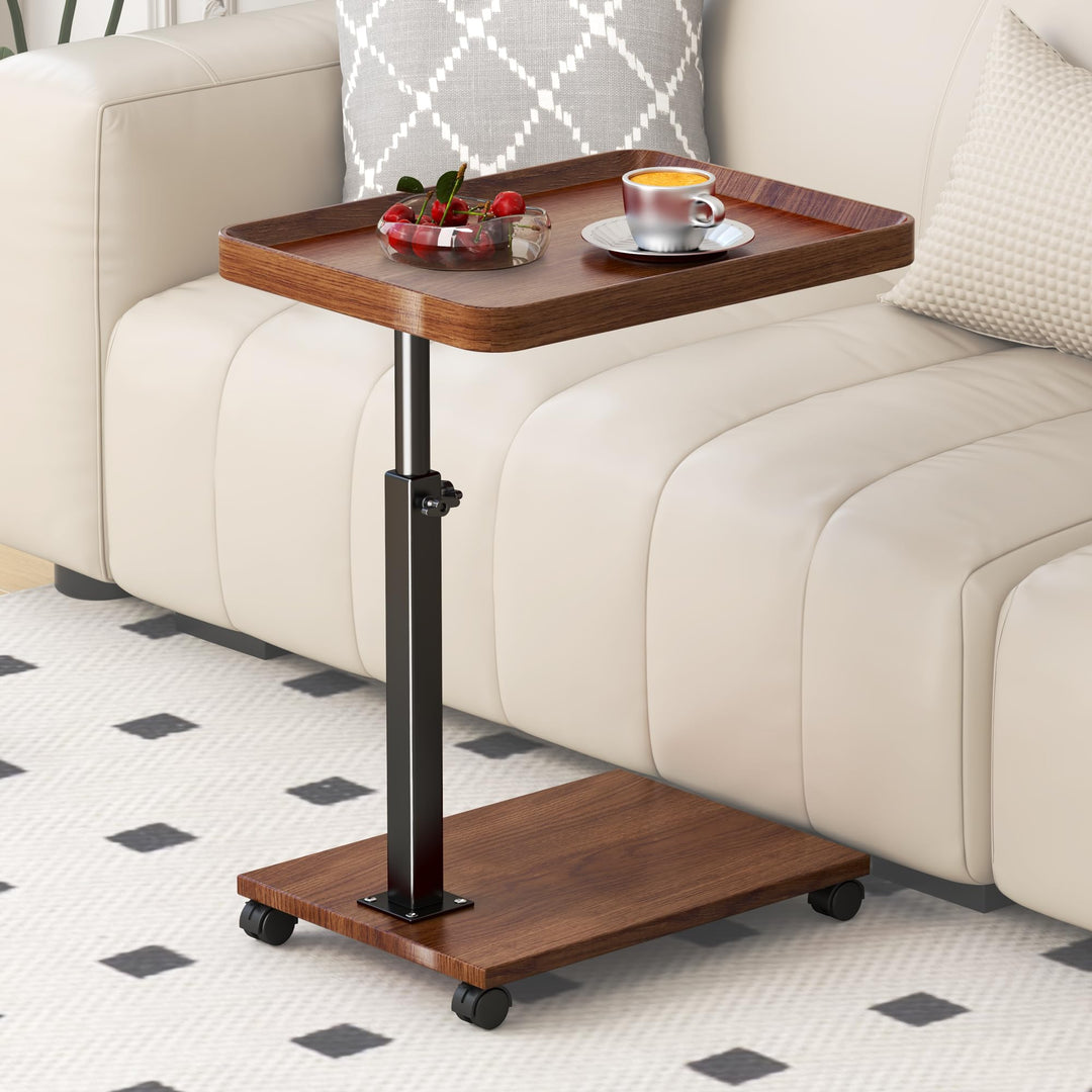 Beistelltisch c Form Höhenverstellbar mit Rollen, 360° Rotierend Couch Beistelltisch Holz Sofatisch,