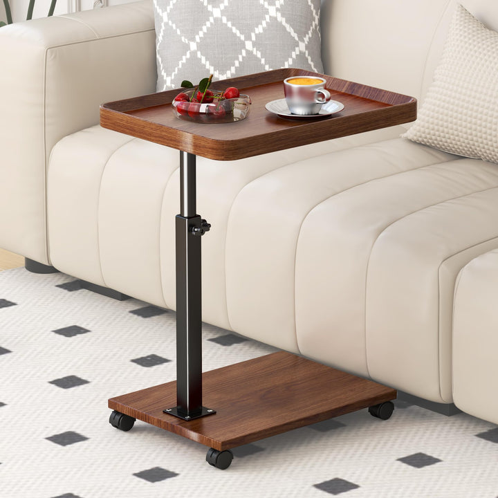 Beistelltisch c Form Höhenverstellbar mit Rollen, 360° Rotierend Couch Beistelltisch Holz Sofatisch,
