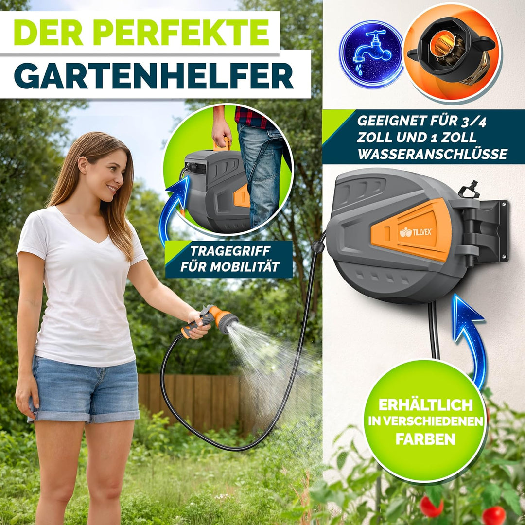 tillvex Schlauchtrommel Wasser mit Wandhalterung + Tragegriff | Schlauchaufroller mit Handbrause und