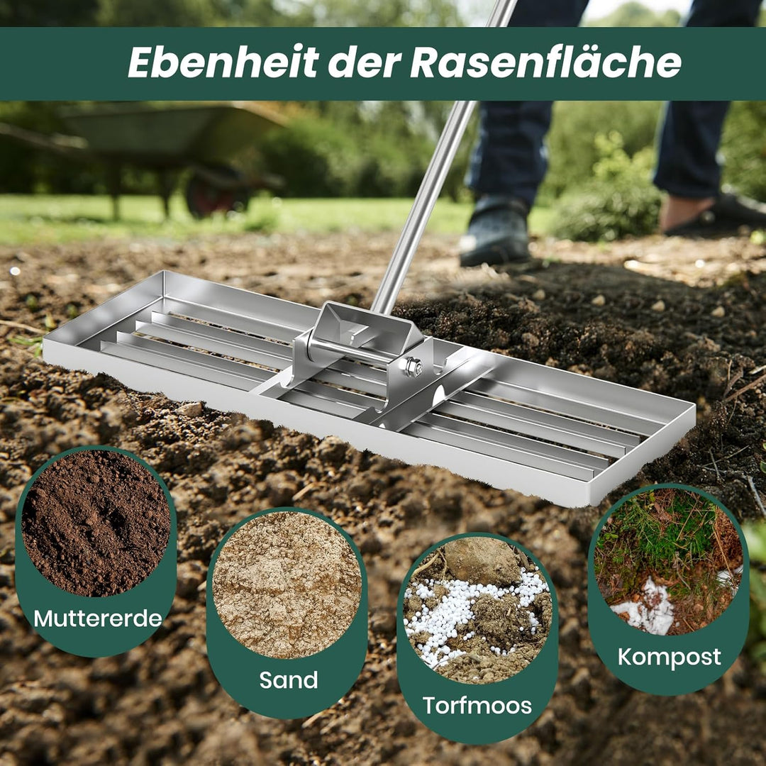 RELAX4LIFE Rasen Nivellierrechen, 75 x 25 cm, Rasenrechen Metall, Rechen Garten mit 170 cm Stiel, Le