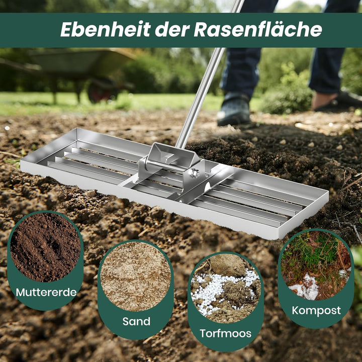 RELAX4LIFE Rasen Nivellierrechen, 75 x 25 cm, Rasenrechen Metall, Rechen Garten mit 170 cm Stiel, Le
