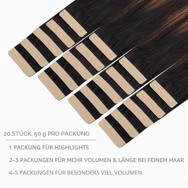 WENNALIFE Tape Extensions Echthaar, 20pcs 50g 60cm 24 Zoll Balayage Natürliches Schwarz bis Chestnut