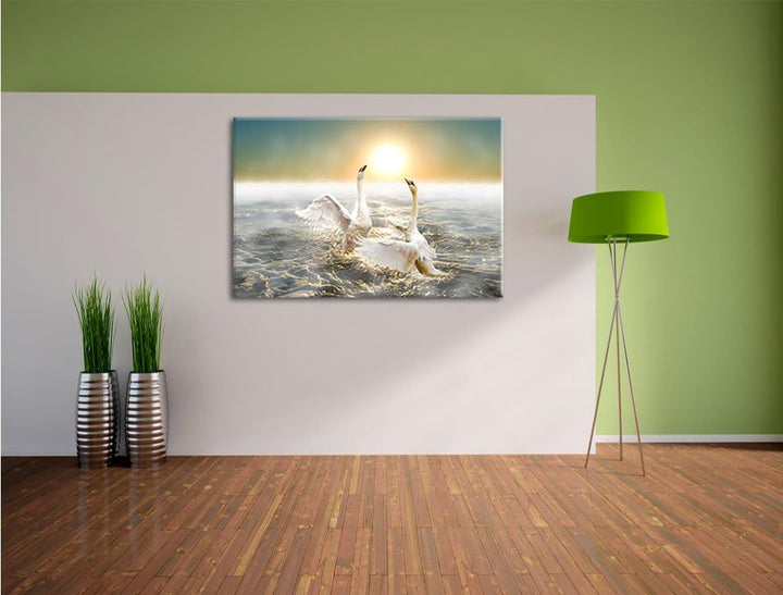 Pixxprint Schwäne im Meer als Leinwandbild/Grösse: 100x70 cm/Wandbild/Kunstdruck/fertig bespannt, 10