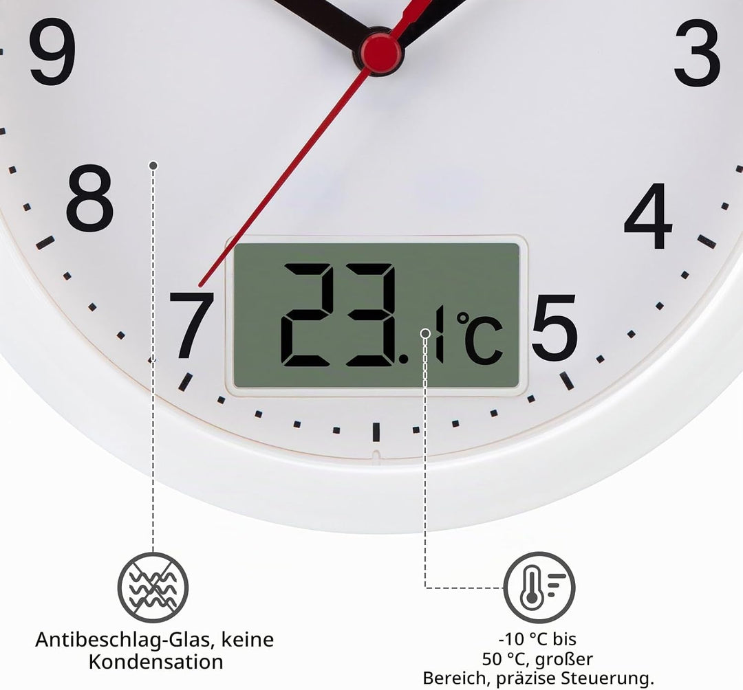 VIVILINEN Badezimmeruhr mit Temperaturanzeige Wanduhr ohne Tickgeräusche Küchenuhr mit Hängeband &amp; S