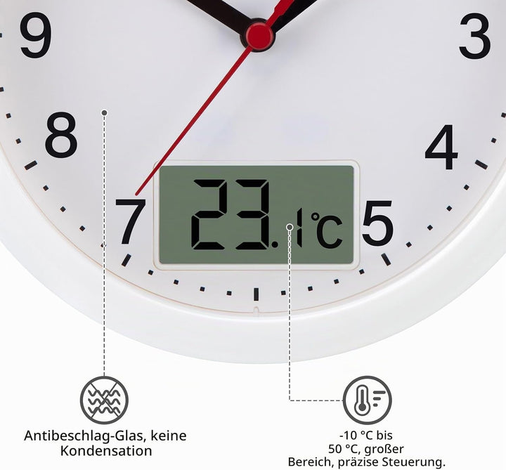 VIVILINEN Badezimmeruhr mit Temperaturanzeige Wanduhr ohne Tickgeräusche Küchenuhr mit Hängeband &amp; S