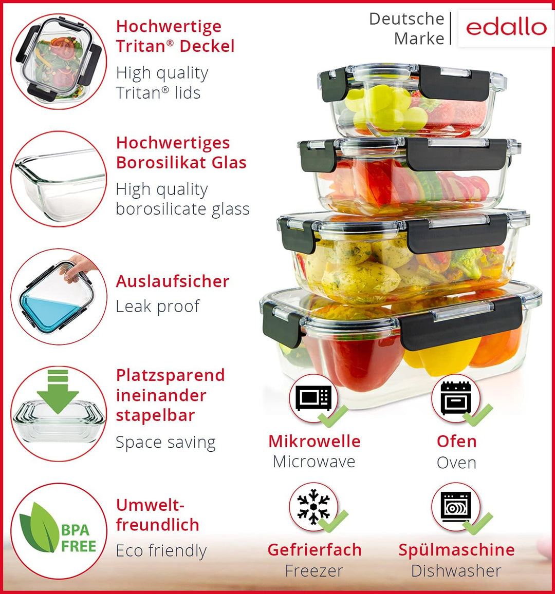 edallo NEU TRITAN - 4 vielseitige Frischhaltedosen mit TRITAN Deckel & premium Glas - Luftdicht, aus