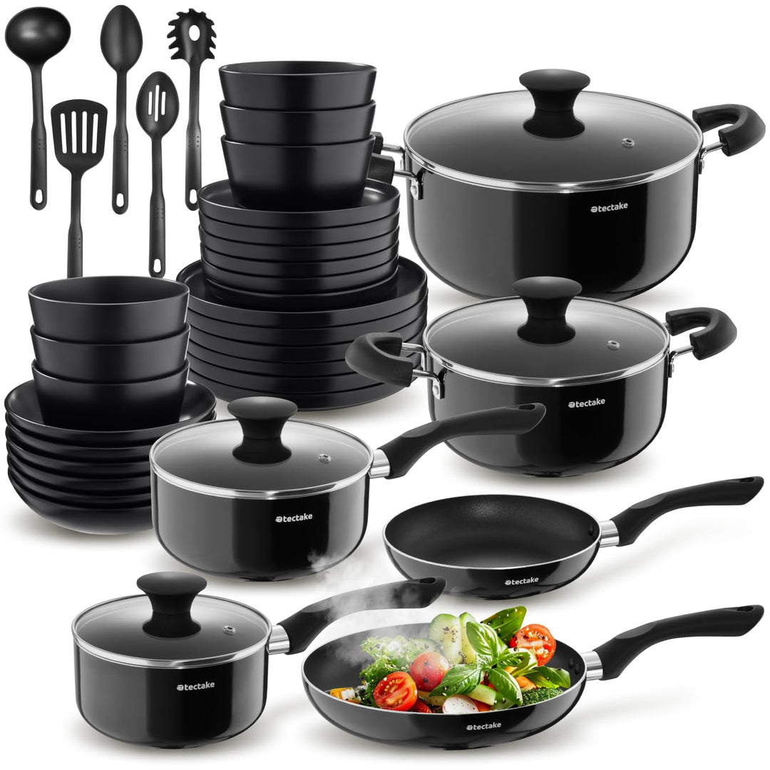 tectake® Küchenstarterset 6 Personen, Steingut Geschirr Set, Teller, 4 Töpfe 2 Pfannen rostfreies Al