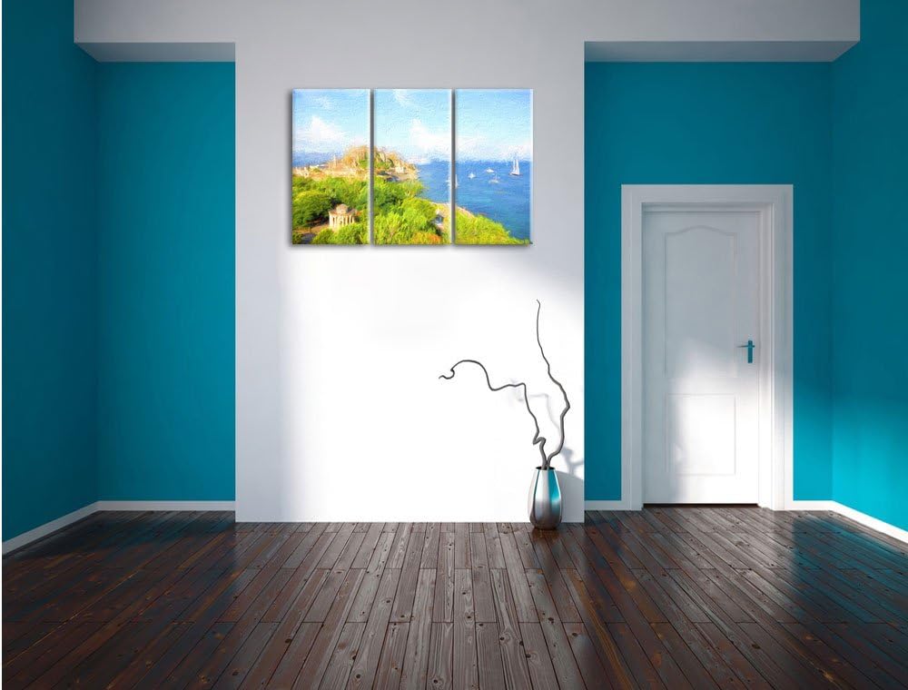 Pixxprint Griechische Insel Bunstift Effekt 3-Teiler Leinwandbild 120x80 Bild auf Leinwand