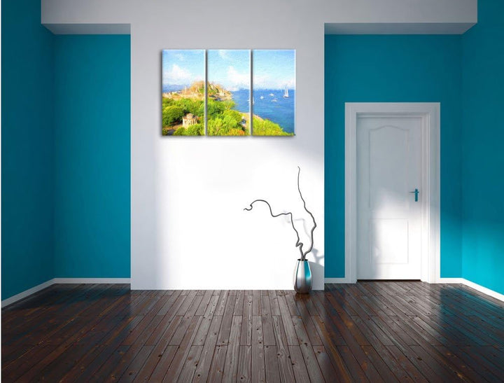 Pixxprint Griechische Insel Bunstift Effekt 3-Teiler Leinwandbild 120x80 Bild auf Leinwand