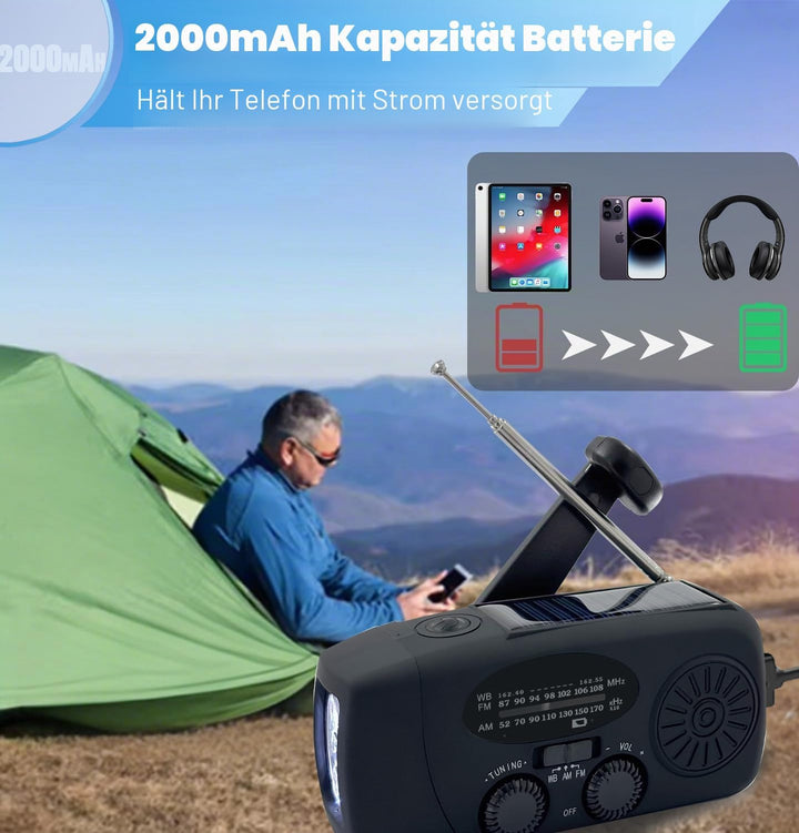 2000 mAh Notfall-Solar-Handkurbel-Radio, 3-Wege-betriebenes tragbares Wetterradio AM/FM/NOAA mit USB