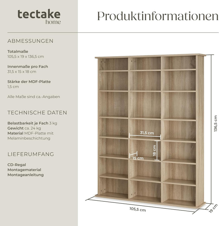 tectake® CD Regal, DVD Regal, Medienregal CD Ständer, Raumteiler Schrank mit Kippschutz, 18 einstell
