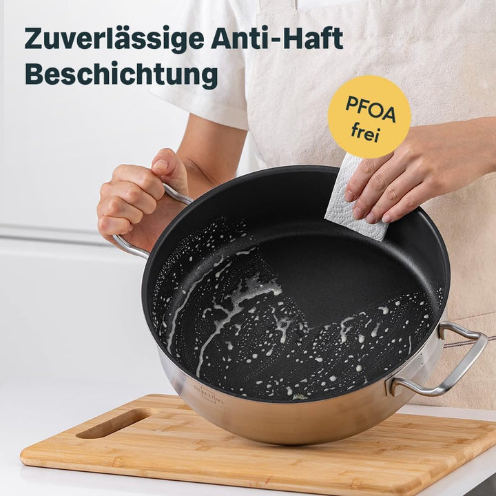 SILBERTHAL Servierpfanne 28 cm hoher Rand - Induktion - Edelstahl - Beschichtete Schmorpfanne mit De