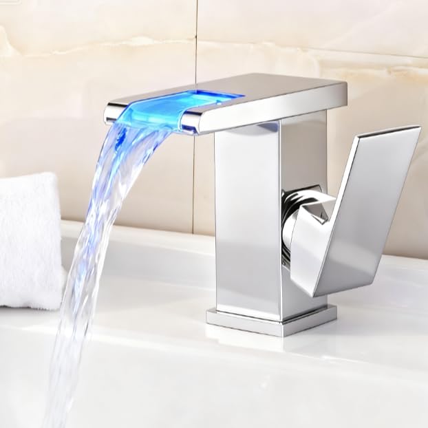 LED Wasserfall Wasserhahn 304 Edelstahl Messing Einhebelmischer RGB 3 Farbewechsel Waschtischarmatur