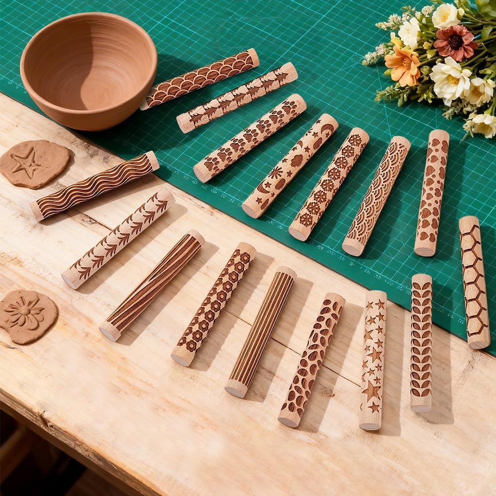 UNICRAFTALE 10 Stück 10 Stile Holz Ton Textur Rollen Set Für Töpferkeramik Töpferstempel Rollen Werk