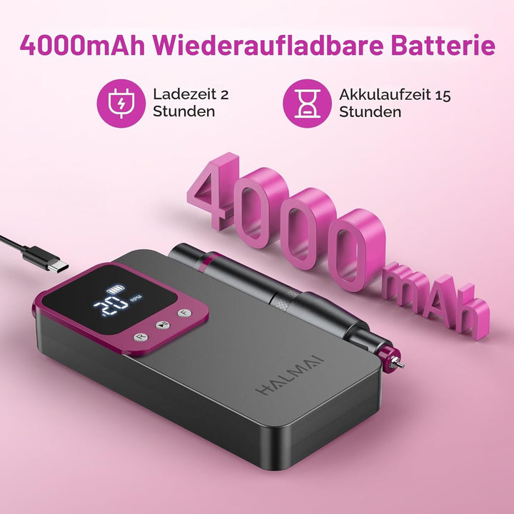 HALMAI Elektrischer Nagelfräser Professionell, Tragbare Nagelfeile für Acryl-Gel-Nägel, Kabelloses w