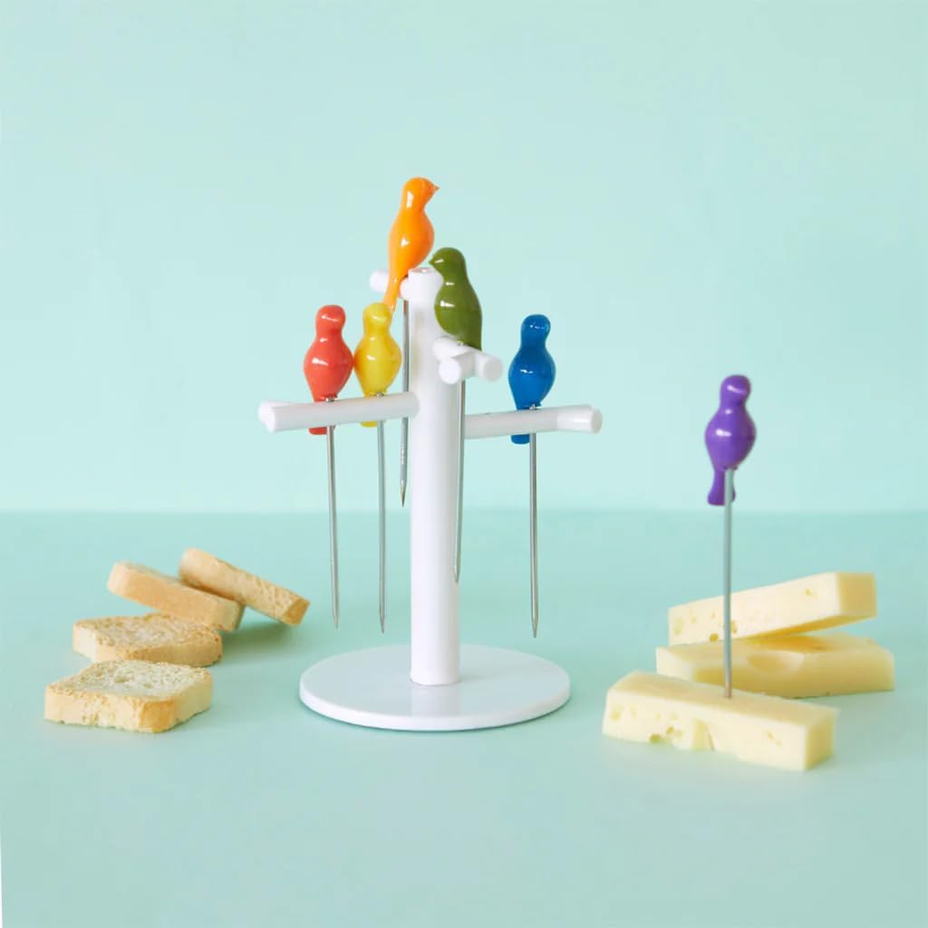 Balvi Aperitif-Spiesschen Birdies aus Edelstahl, 6-teilig, Griff in Form eines Vogels Mit Baum-Halte