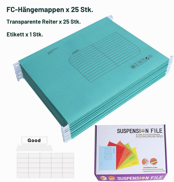 Foolscap Hängemappen mit Lasche und Karteneinsätzen (25 Stück, Blau) Verstärkte Hängemappen FC-Gröss