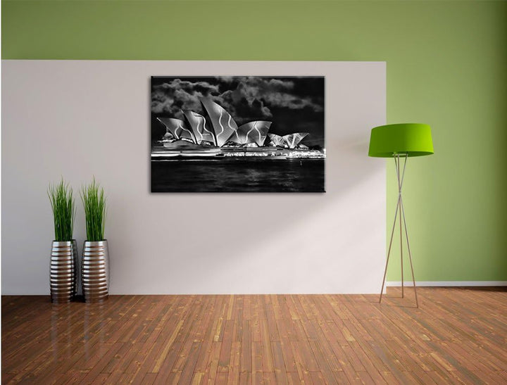 Pixxprint Monocrome, Sydney Opera House grüne Beleuchtung, Format: 100x70 auf Leinwand, 100x70