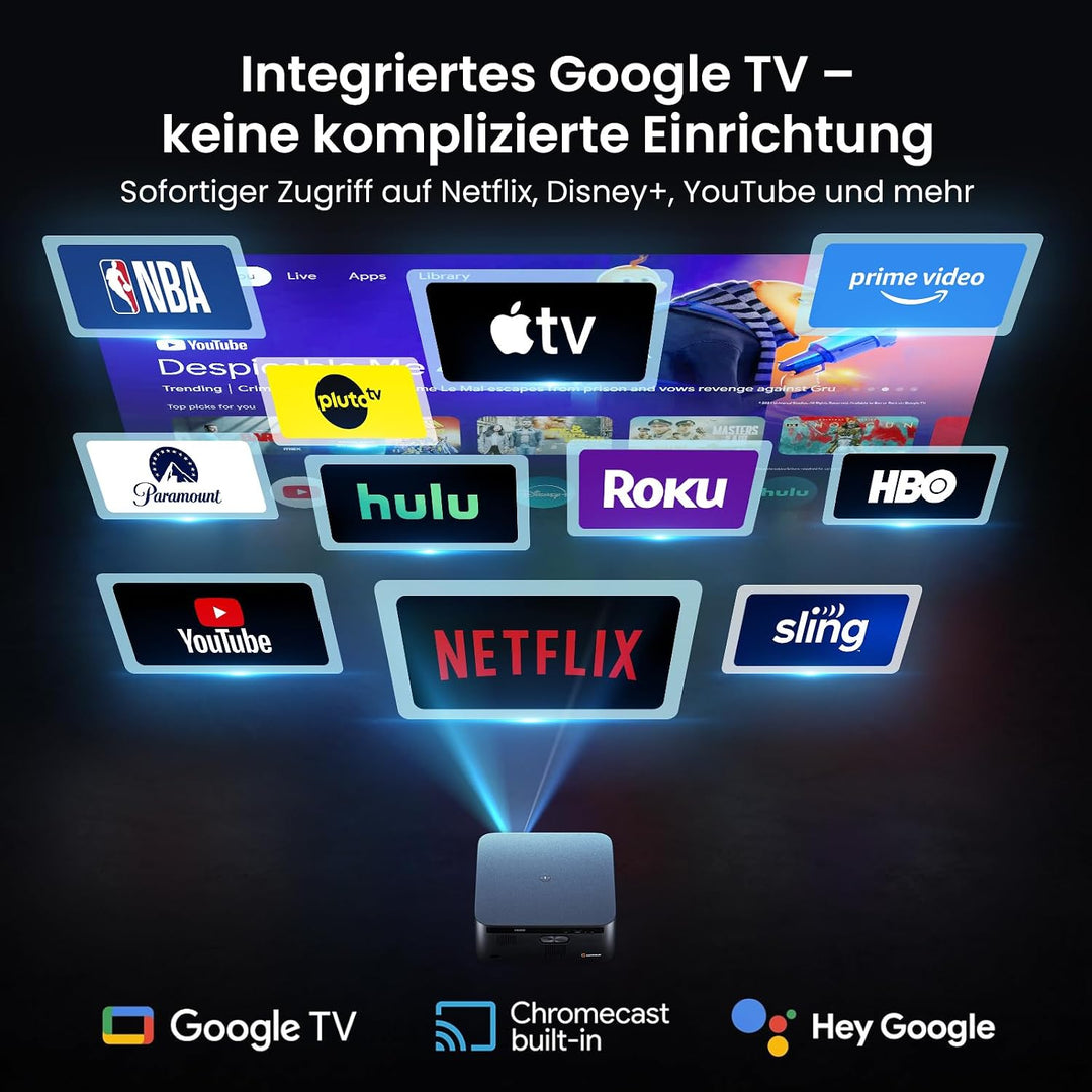 HAPPRUN Smart Beamer mit 3000 ANSI Lumen, Offiziellem Google TV, 4K-Unterstützung, Dolby Audio, Auto