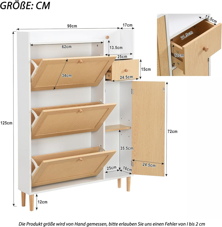 BTM Schuhschrank, Rattan Holz Schuhkipper mit 3 Klappen & Schublade & Tür & Massivholzbeinen, 90x17x
