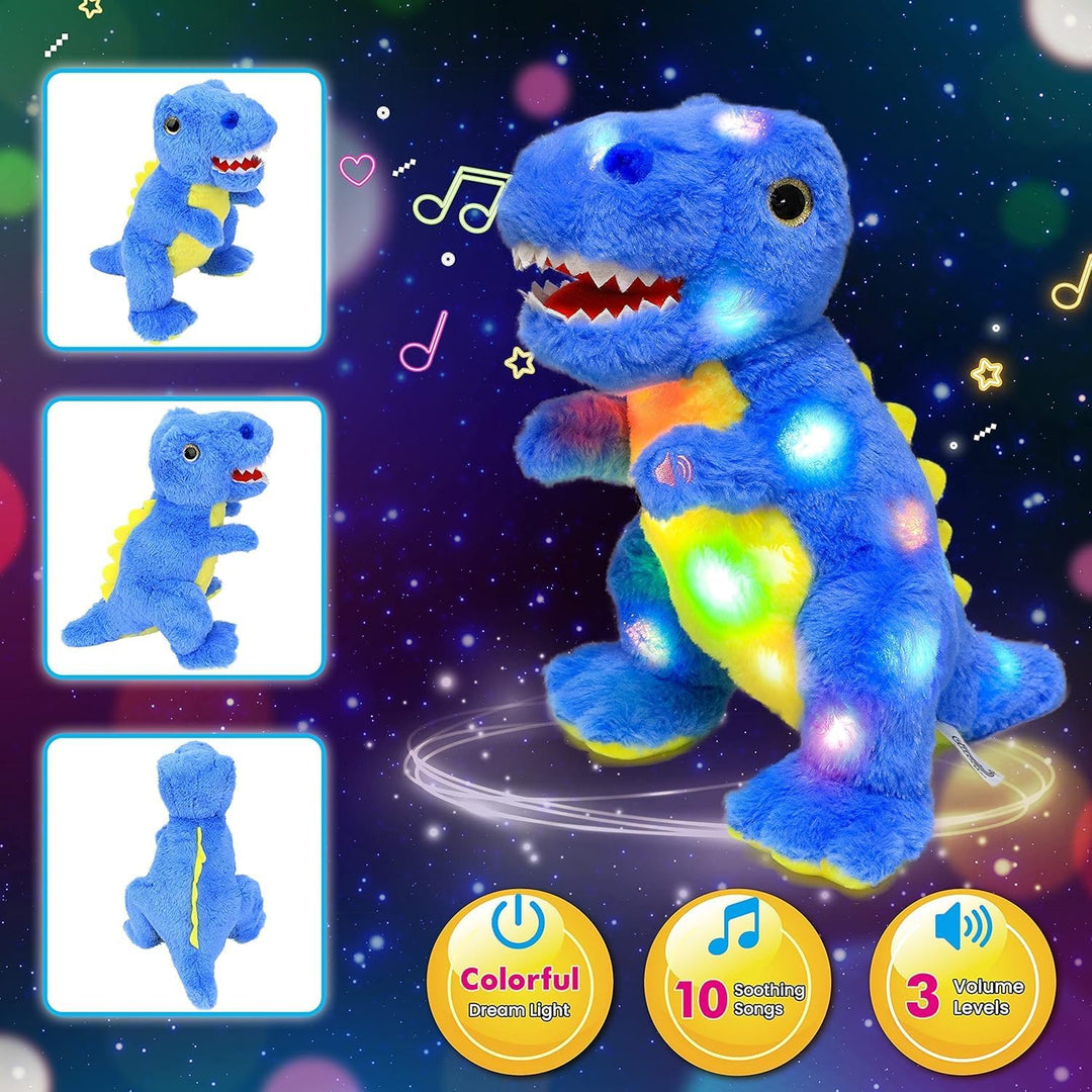 Blau Dinosaurier LED Musikalisches Plüschtier mit Leuchtend Singender T-Rex Schlaflied, Dino Kuschel