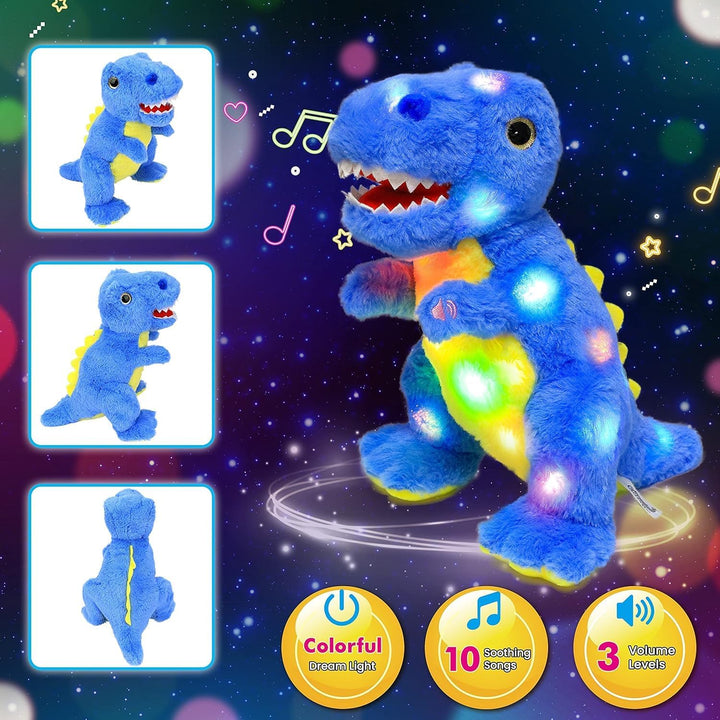 Blau Dinosaurier LED Musikalisches Plüschtier mit Leuchtend Singender T-Rex Schlaflied, Dino Kuschel