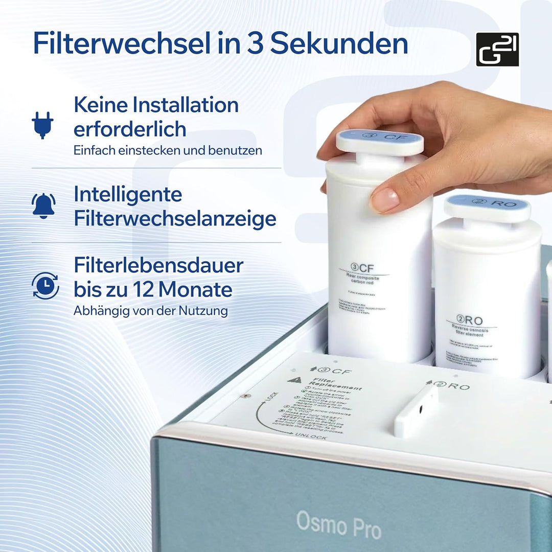 G21 Osmo Pro Osmoseanlage Trinkwasser 6L mit Wasserstoff Funktion, 1:1 Rein- zu Abwasserverhältnis,