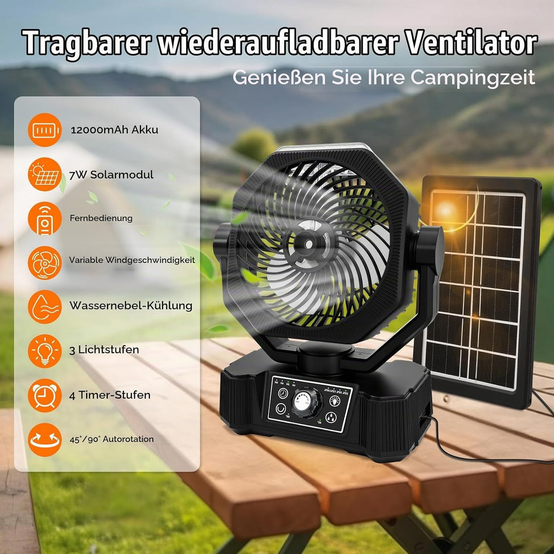 Camping Ventilator mit Wasserkühlung, Solarpanel, licht, 12000mAh Solarventilator Outdoor, Wiederauf