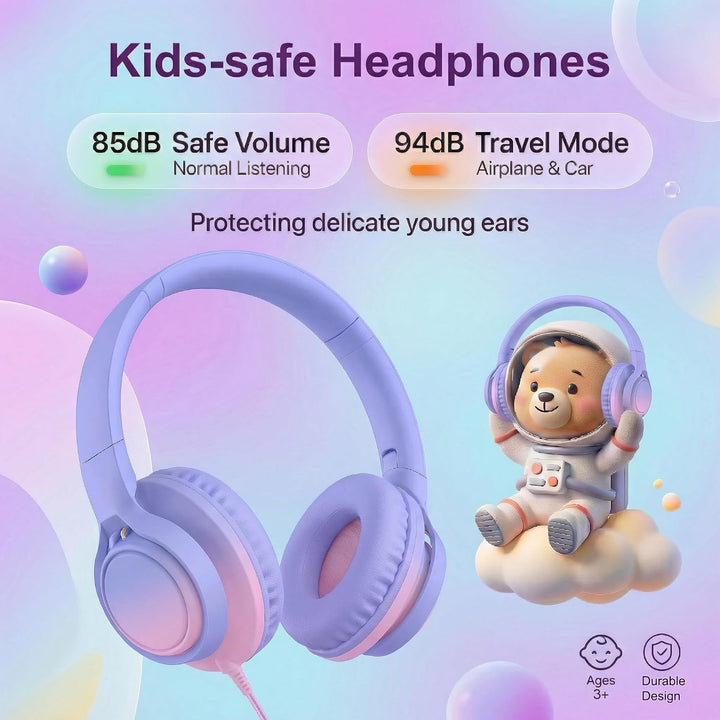 Kinder-Over-Ear-Kopfhörer, 85/94 dB, Mikro, USB-C-Adapter, Pink | 85/94-dB-Lautstärkeregelung, faltb