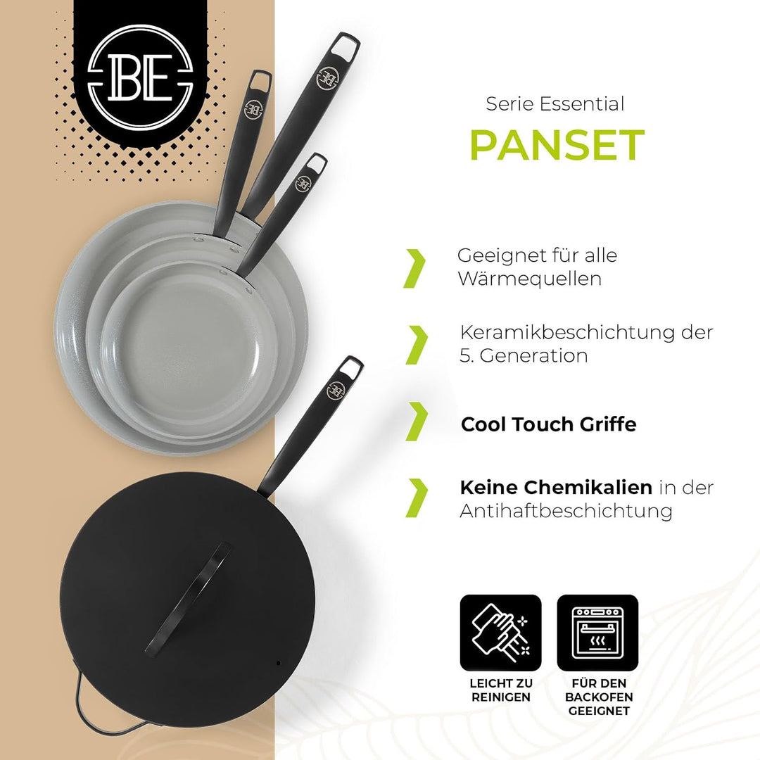 Be Living Essential Pfannenset 4-teilig, Bratpfanne 20/24/28 cm + Wokpfanne 28 cm mit Deckel, Non St